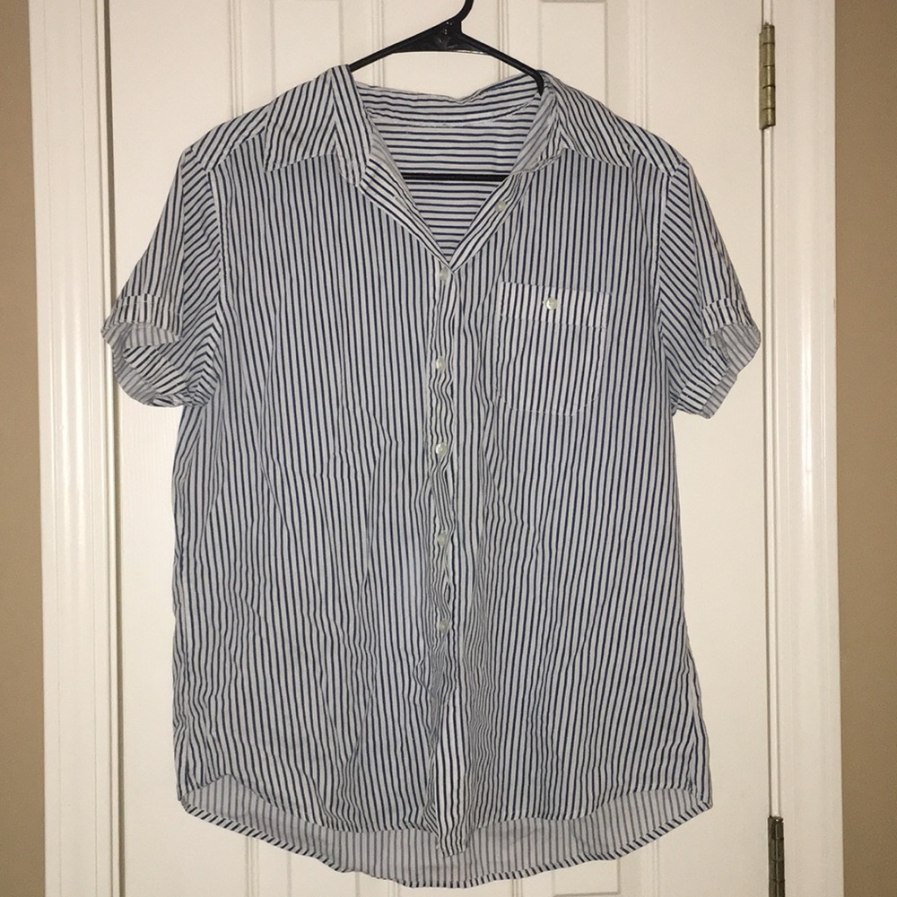 White and blue striped button-down shirt.